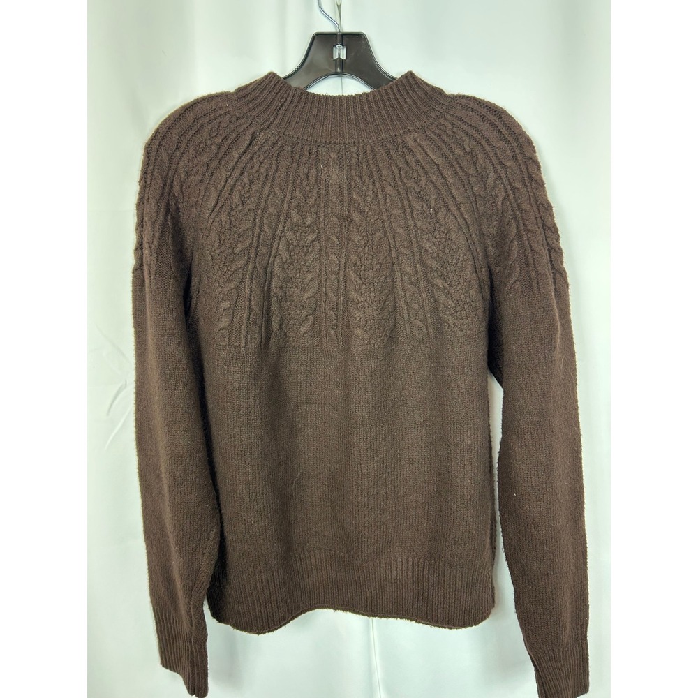 Joie Brown Cable Knit Yoke Mock Neck Sweater Dark Academia Cozy Minimalist L